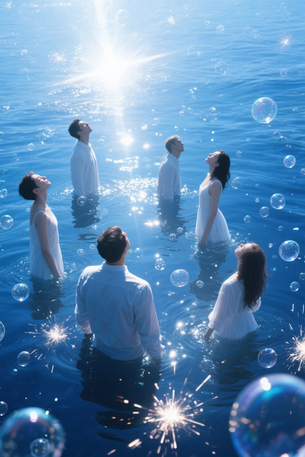 Girl wearing white dress,In the sea,The girl radiates white light and entangles the boy,They face to face,Expression of joy,It's a couple。East Asians,In the blue sea,There are corals around them. They are 28 years old and in their prime.