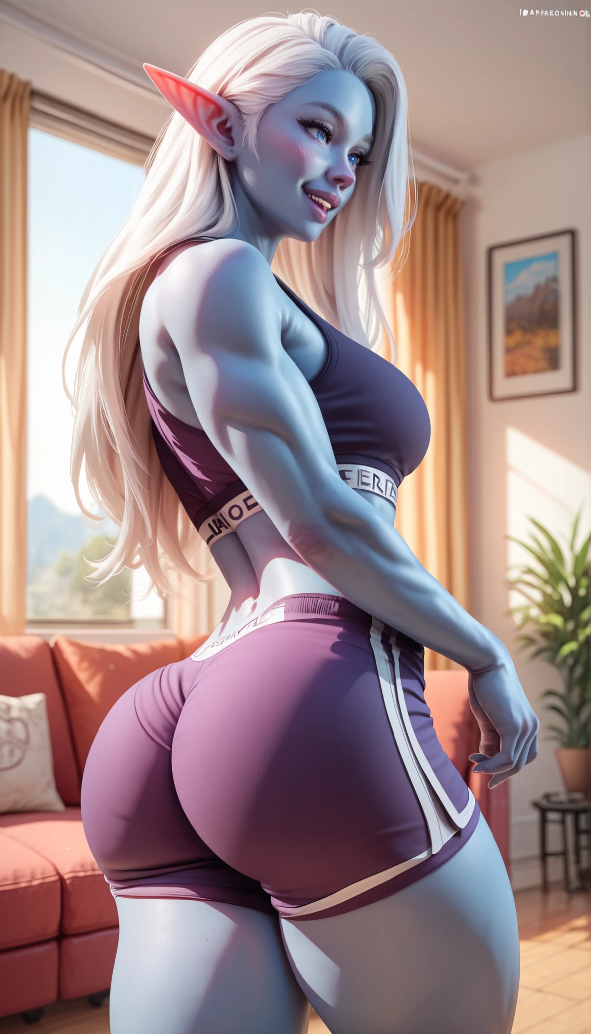 Dark Elf female, blue skin, white hair, blue eyes, long hair, ((feminine fitness model body)), mature female, blushed, happy, side shot, perfect ass, purple shorts, sports bra, at the living room, standing