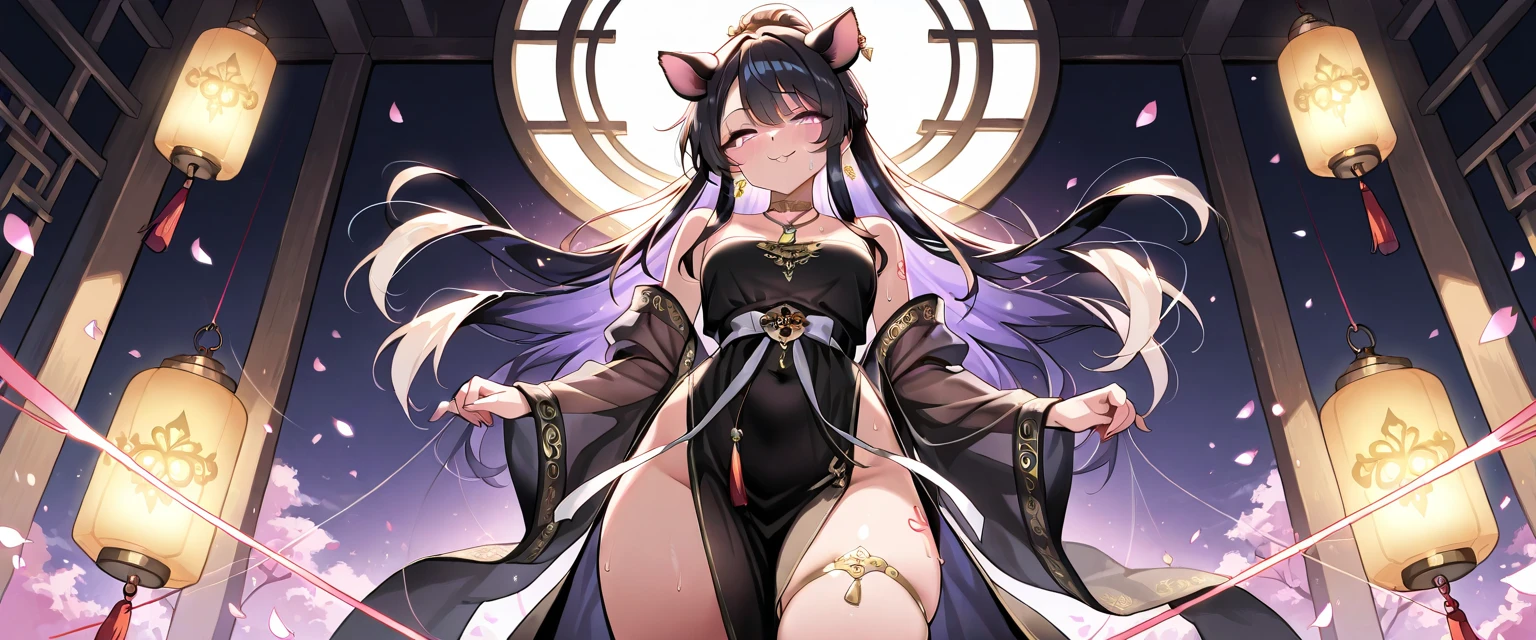 Best quality, highest resolution, 1 girl, solo, gorgeous girl, black hair, long hair, wind effect, yellow eyes, glowing eyes, black pantyhose, milf, very large breasts, breasts tent, cute pose, starry night, cherry blossom