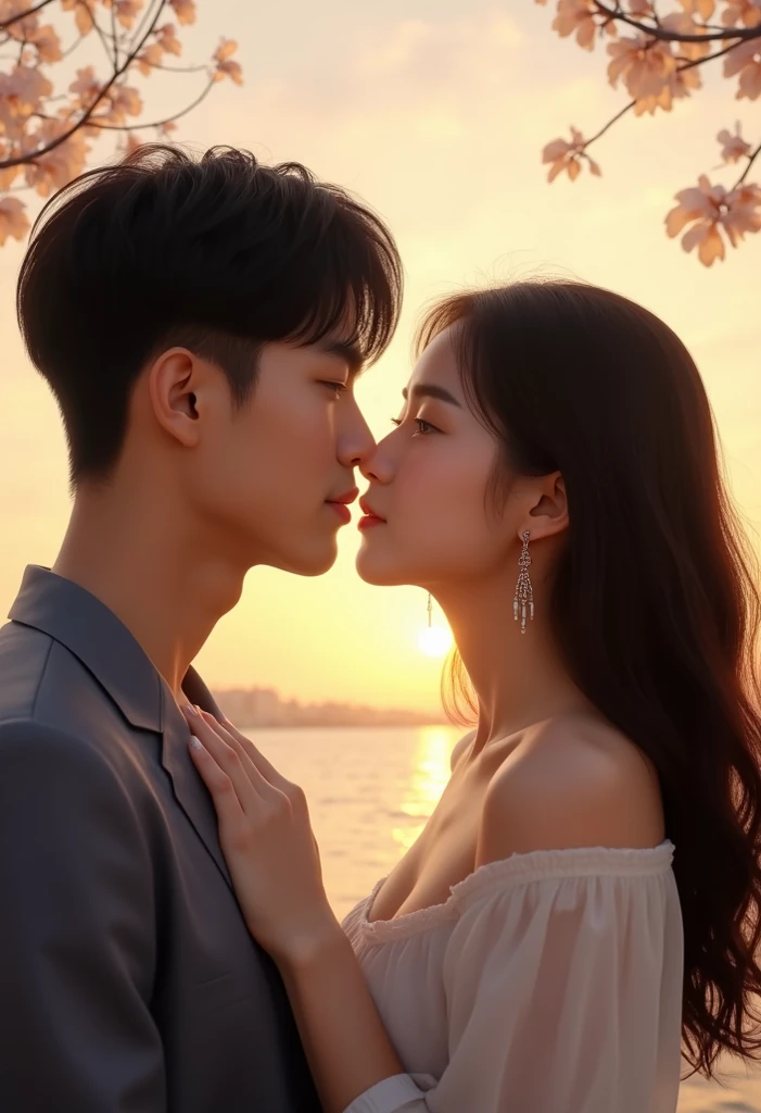 A boy korean,sunset,formal long sleeve,a man and a woman gestures kissing,korean,korean dress,looking at the sunset,(best quality:1.2),ultra-detailed,realistic:1.37,portrait,soft pastel colors,warm lighting.High resolution, highest quality, masterpiece, Textured skin, Anatomically correct.