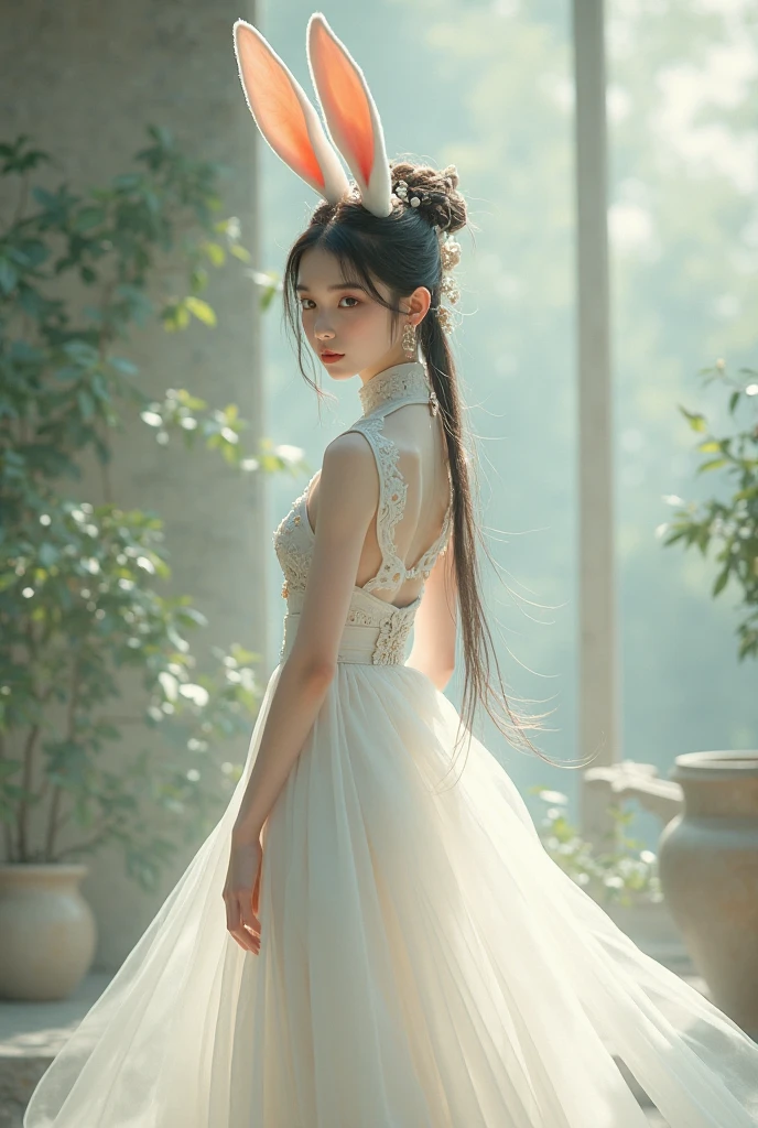 A beautiful European girl, Standing in the garden, Wearing white lace cheongsam, Holding an exquisite pure white lace fan, Covering your face, Fine workmanship of the fan, With white lace floral pattern, The girl has long hair, elegant, Soft light, diffusion, Soft and delicate colors, Natural light, Elegant and beautiful, Romanticism, Luminism, first-person view, cowboy shot, UHD, masterpiece, accurate, anatomically correct, high details, award winning, 8k