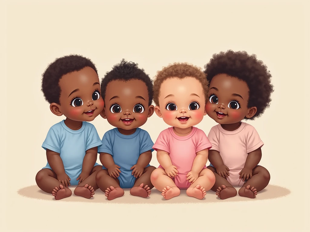 6 baby new born, diapers, different races, Caucasian, African, Chinese, Mexican, active, eyes up, smiling, white background