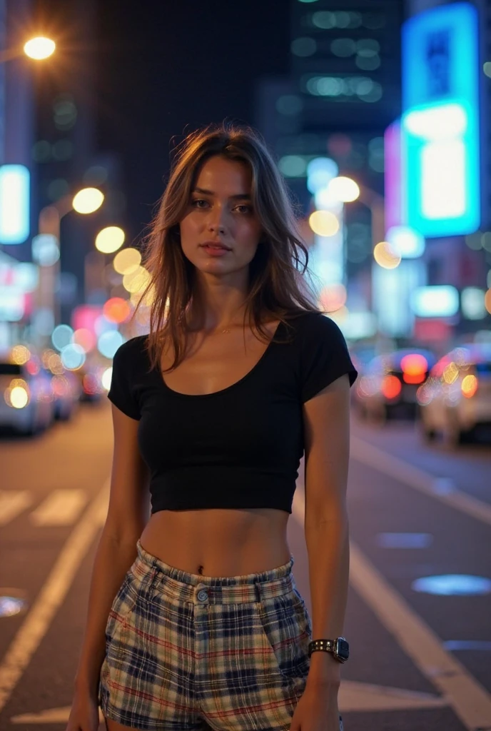 Urban Tumblr-style photo shoot with a Canon EOS Mark V camera, - 80 mm anamorphic lens, ISO 100, shutter speed 1/1450s, Autofocus perfectly captures depth between shots, ultra sharp image, Contraste y color perfectos, Hora del atardecer, City with cyberpunk style and futuristic atmosphere with neon lights as a background, The model is the incredible actress Riley Reid posing boldly, Cara bien definida, ojos color miel bien detallados, varios tatuajes en el cuello, Cara y brazos, Ultra-defined hair line by line, Piel bronceada perfecta que refleja la tenue luz de la puesta de sol, Super sexy photography, Consigue que la imagen luzca natural y casual