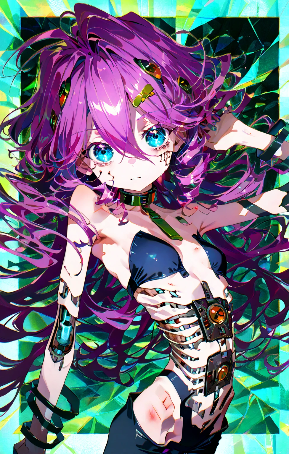 (((flat chest))), (((thin))), masterpiece, best quality, highres, 8k, intricate details, highly detailed, (solo), cute, (1girl:perfect face, cute, petite), in focus, detailed background, <lora:detail_slider_v4:2>
<lora:rebecca_v1:0.7> , rebecca \(cyberpunk\), solo, long hair, black hairband mechanical eye, colored sclera, red sclera, colored skin, white skin, leg tattoo, neck tattoo, green hair, small breasts, thong, red pupils, skin fang, red eyes, <lora:sharp_eyes:0.6> , sharp_eyes,
AS-YoungerV2:1.1, ((solo))
<lora:BondageOutfitV2:1> , bondage outfit, harness, o-ring,
<lora:KK_paperCut_v5:1> ,paper_cut,
