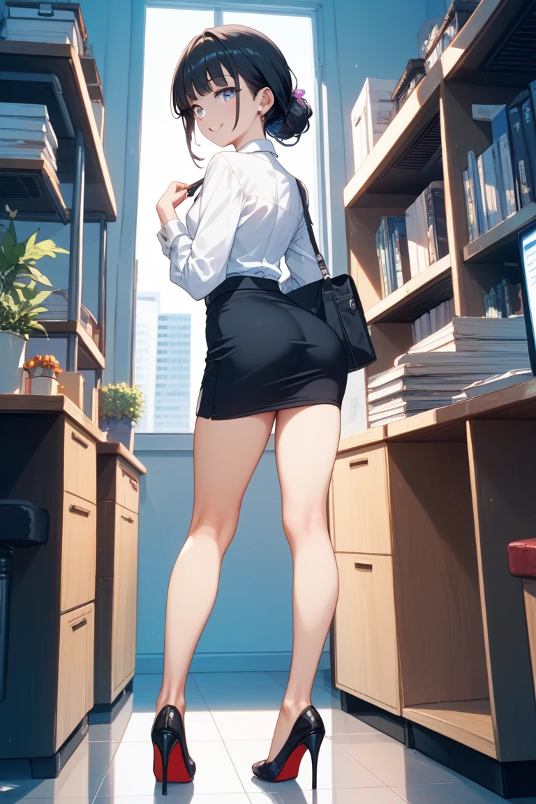 an 18 year old girl with her back turned, short brown hair, blue eyes, office glasses, He wears a t-shirt "white " and short blue dress. Is behind.