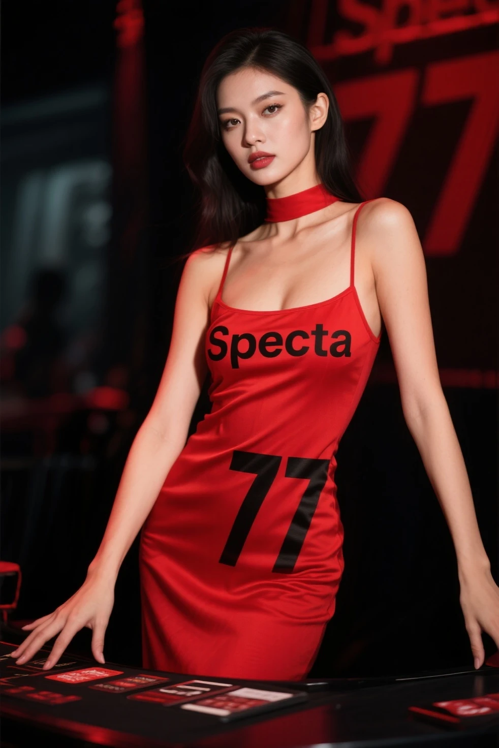 lingeriedresschinese, 1girl, solo, red dress, by Terry Richardson, bare shoulders, sleeveless, sleeveless dress, looking at viewer, spread legs, on knees, <lora:LingerieDressChinese:0.7>