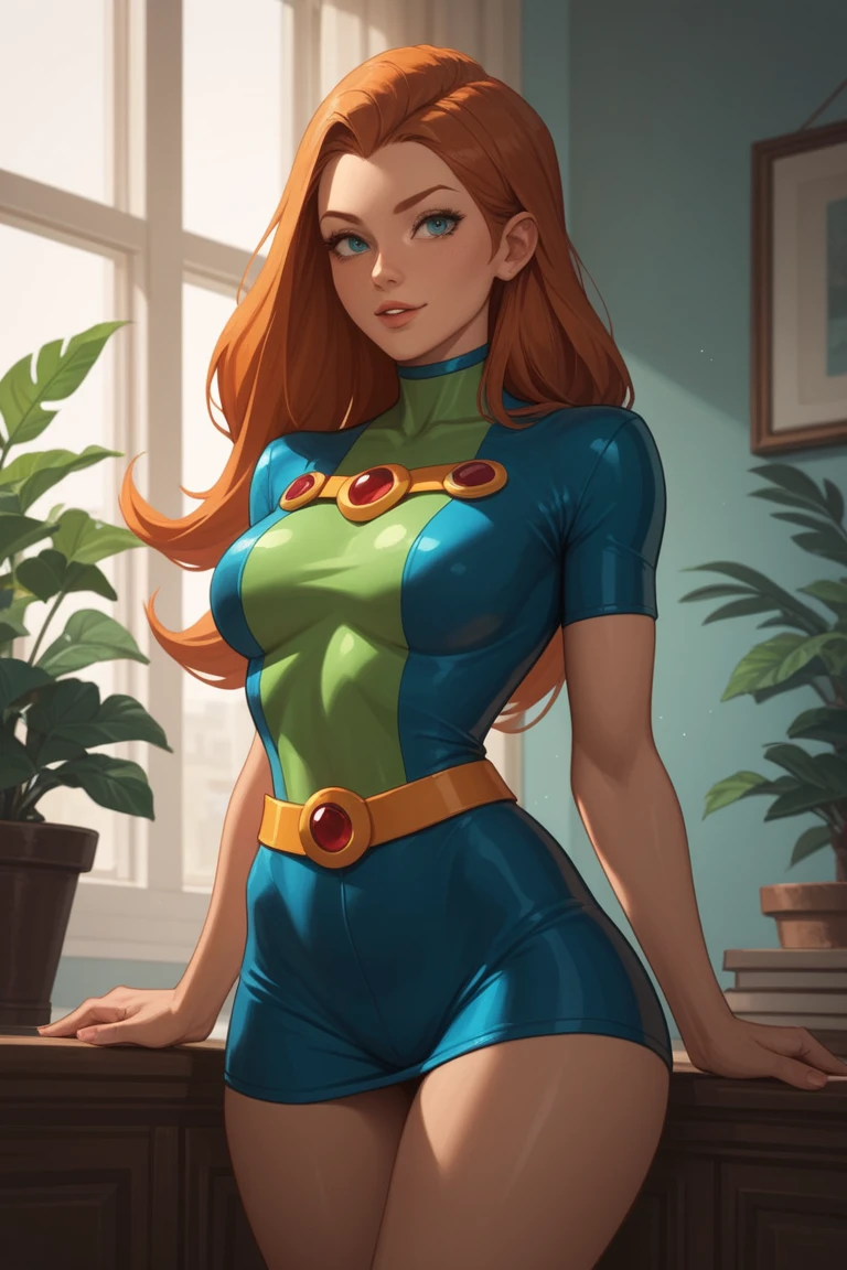 masterpiece, Sexy, Superheroine, Red hair, long hair, busty, ((blue highleg leotard with a t-back thong and a gold star insignia on chest)), gold boots, gold gloves, ((Cleavage Cutout))