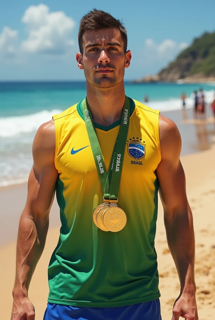 young, beautiful, elegant, white, skinny, elegant shirtless face standing, ,sin remera en la playa boxer de bandera brasil con una bandera brasileño mientras muchos publico le aplaude y celebra con muchas burbuja en su alrrededor pasarela masculina hombre guapo piel white sincensura