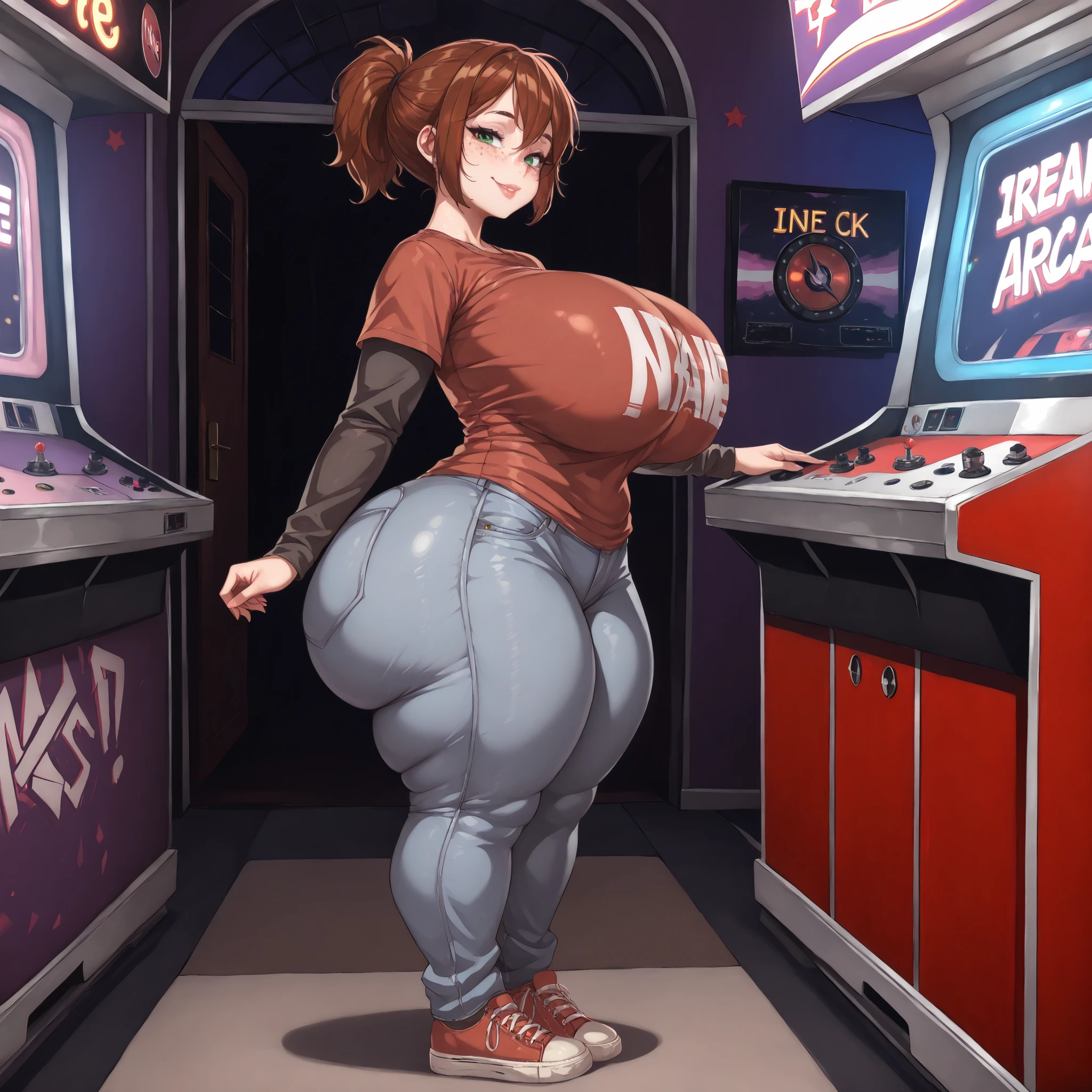 ((insane details, insane resolution, insane detailed background, beautiful detailed eyes, beautiful detailed face, 8k, Mastepiece, ultra quality)), ellie \(tlou\), 1girl, solo, brown hair, short hair, ponytail, green eyes, freckles, lips shirt, t-shirt, layered sleeves, short over long sleeves, jeans, shoes, ((huge breasts, huge butt, thick thighs, curvy hips, short stack, full body view, side view of body, standing up)), at night, seductive smile, looking at viewer, inside abandoned arcade, neon lite abandoned arcade,. at night, bed in background,