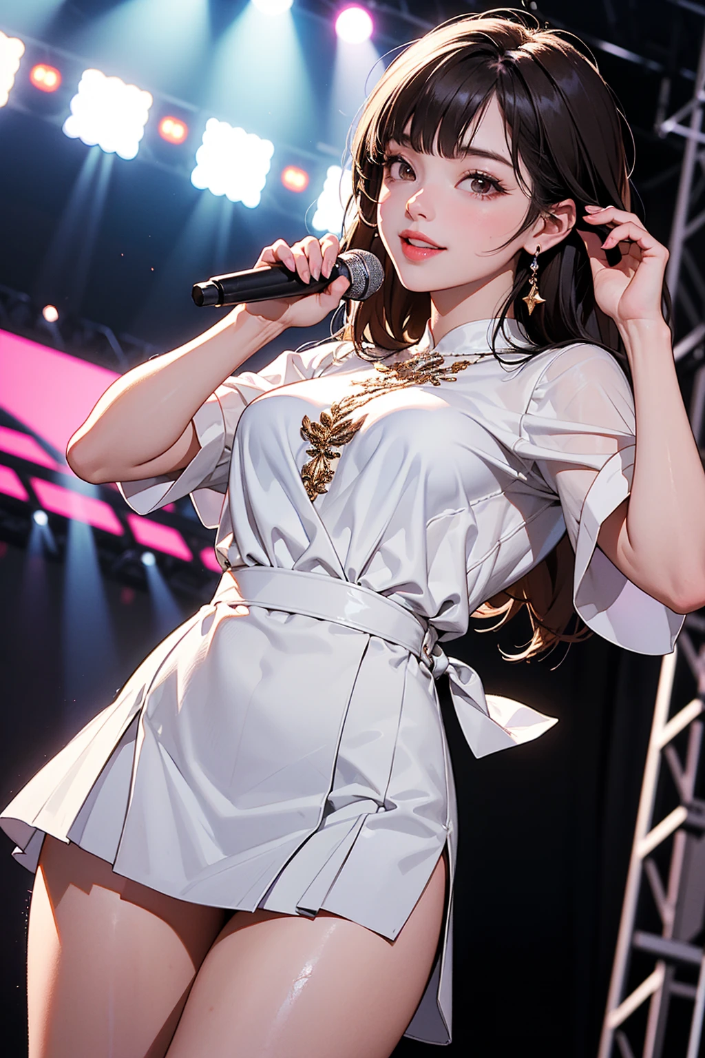 (RAW photo:1.2), (realistic), beautiful detailed girl, very detailed eyes and face, beautiful and fine eyes, huge file size, High resolution, very detailed, highest quality, [table top:1.6], figure, very detailed, small details, highest quality, 8k wallpaper, movie lighting,15 year old female idol group, She is taking off her idol costume on the stage of an idol concert., Spotlight, Idol costume shirt about to be taken off, naked, no top, nipples are visible,  small nipples, Skirt of idol costume half-taken off, White panties are visible, embarrassed look, Because I&#39;m slender, young face, , immature body, changing clothes on stage, Exposed underwear, changed clothes