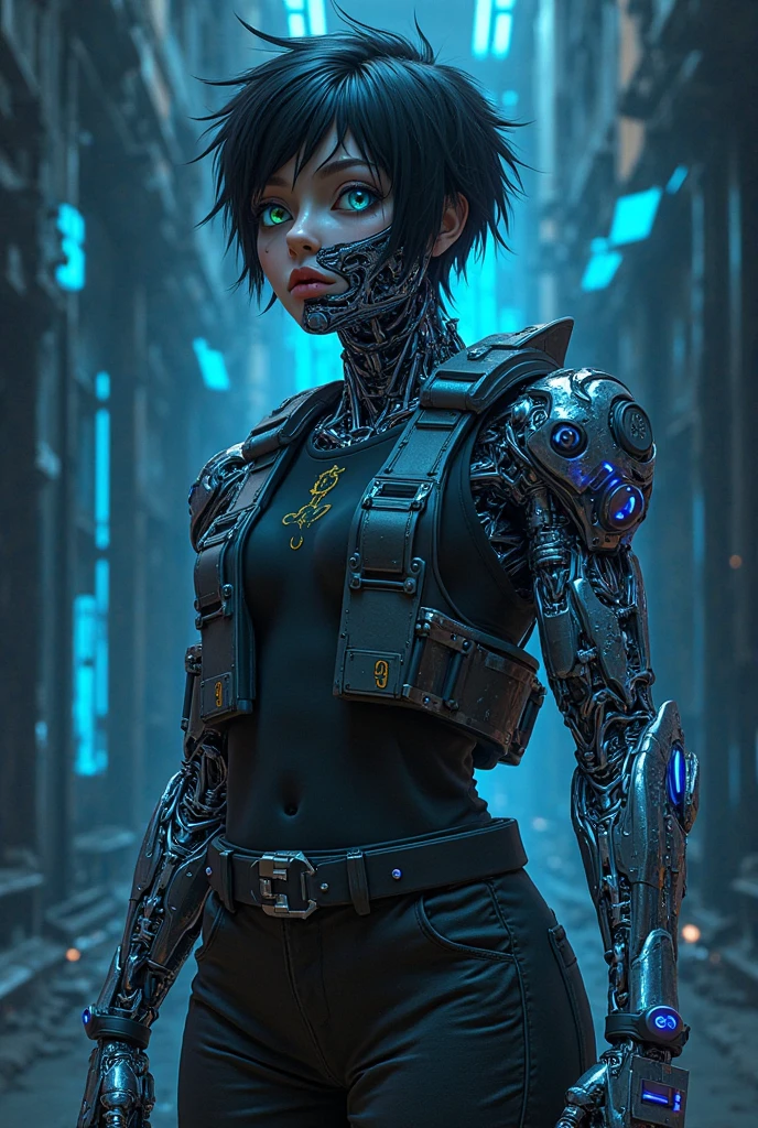 a high tech cyborg superhero, 1boy, short black hair, blue eyes, wearing a black suit with a mechanical arm, holding a gun, super blue, cyborg armor, optimus prime and ekkarit masiha inspired, photorealistic, ultra-detailed, 8k, (best quality,masterpiece:1.2),highly realistic, cinematic lighting, dynamic composition, dramatic shadows, vivid