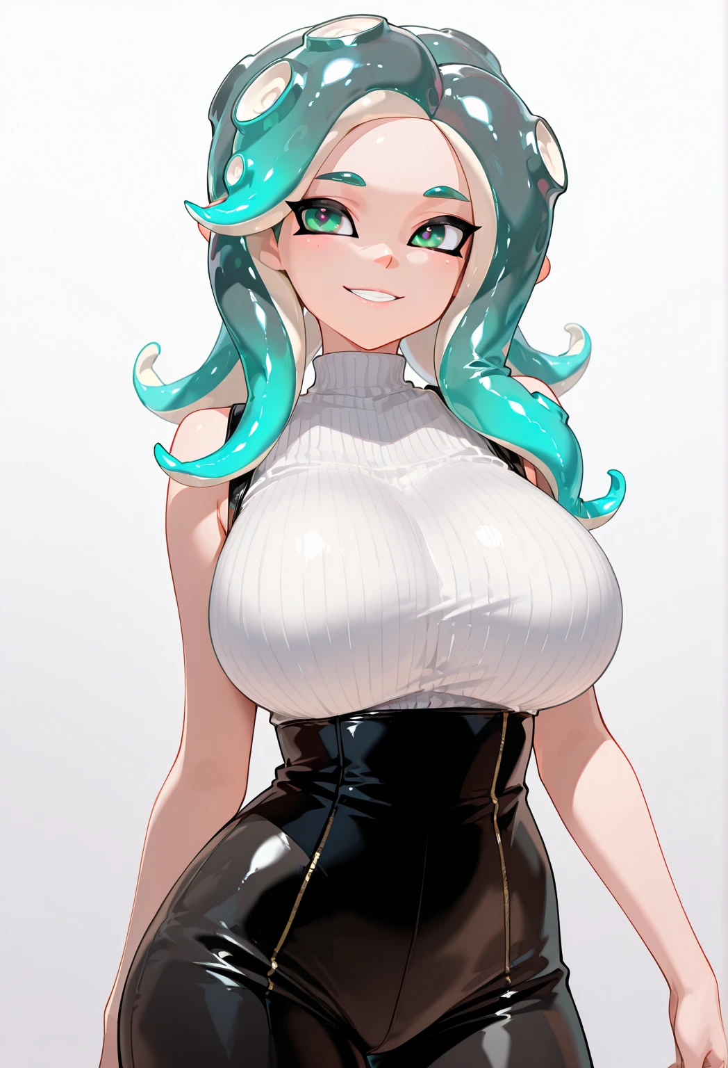 ((best quality, masterpiece, absurdres, super-resolution)) ((front view)), photo of beautiful jpn-gyaru, solo, ((nelliel tu odelschwanck)), bleach universe, hair, standing in hueco mundo, from far, (lime green hair), (underboob), glossy, arrancar, ripped clothing, beautiful anime eyes with luster reflection, beautiful, (gigantic breasts), slendered abs, hip dips,  dark void on background