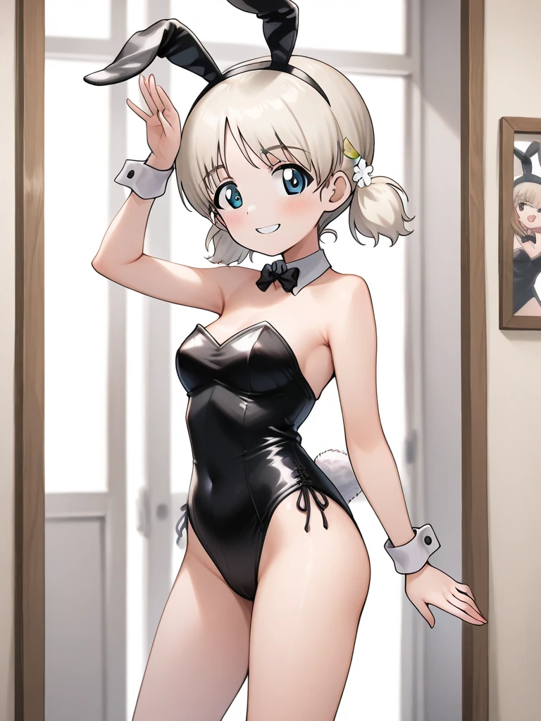 (obra de arte:1.2), (melhor qualidade:1.2), Olhos perfeitos, rosto perfeito, perfect lighting, 1boy, arched back, blush, bunny boy, bunny ears, bunnysuit, crossdressing, femboy, girly, leotard, looking at viewer, male, male only, panties, smile, solo, thigh strap, thighs, trap, twink