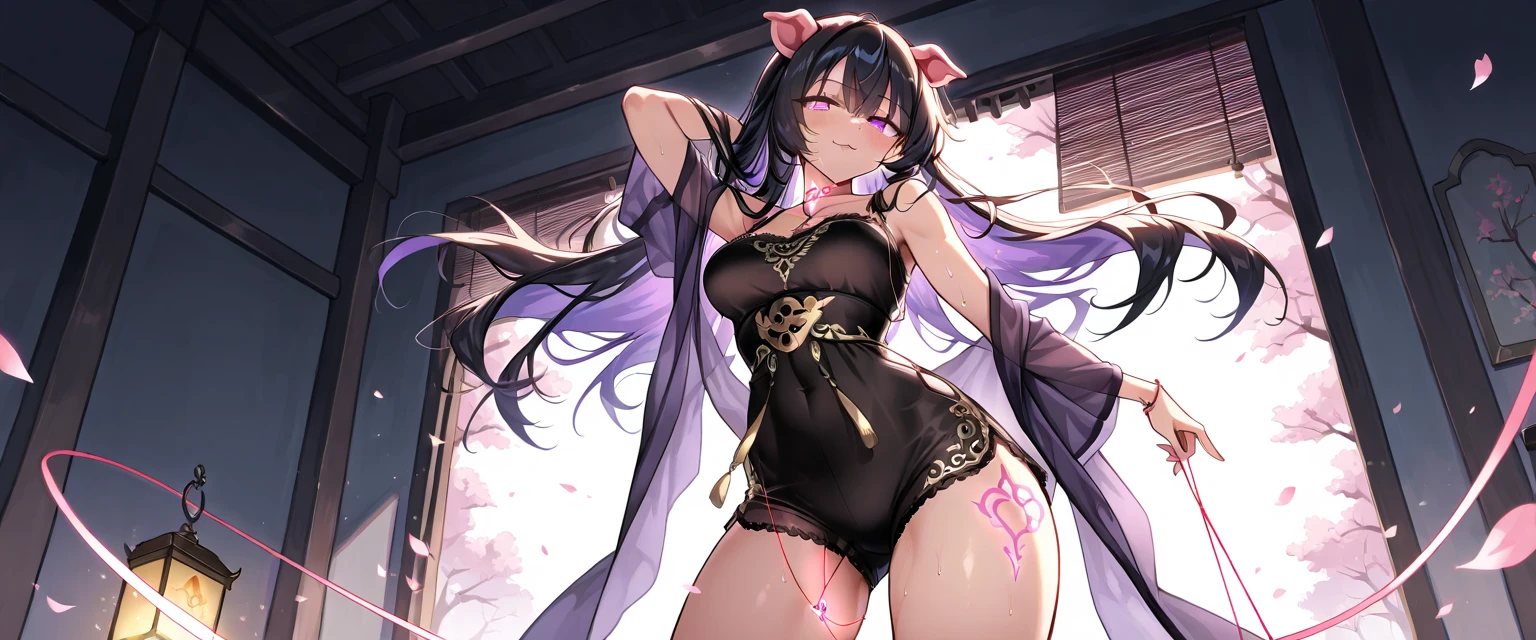 NSFW,(masterpiece, Top quality details), 1 girl, alone, indoor, bedroom, bed, Are standing, smile, whole body,Shuten Douji, dudou, forehead jewel, removed sleeve, earrings, short twin tails, Fundoshi, black choker, shawl, star print, stirrup legwear, layered skirt, pelvic curtain, (rope, shimenawa),my pussy is being touched,shy,sex,Creampie,penetrated by a man from behind,sexual treatment,sex slave,(Sweat:1.5),I feel dizzy,The Fall of Pleasure,Ahegao,vulgar expression,sticking out tongue,mouth wide open,body is turned upside down