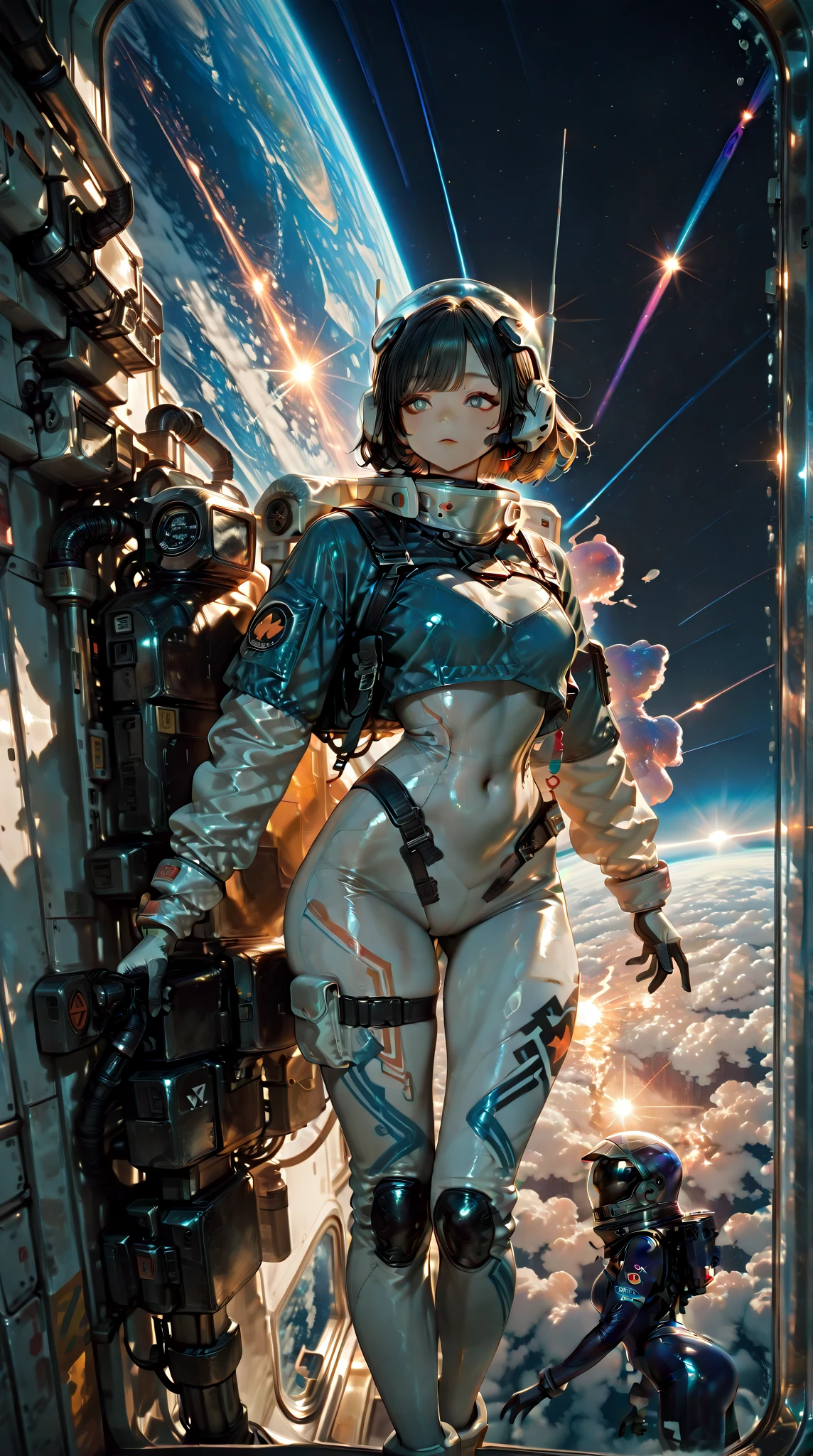 (masterpiece,top quality,high quality)), ((8K wallpaper unified with high definition CG)), (huge stunning goddess shot, so hot and sexy, jaw dropping beauty, perfect proportions, beautiful body, slim body beauty:1.1), (((Space War:1.5))), Cockpit of a small fighter plane, large windows, space outside the windows, beams of light intermingling, explosions at close range, ((pilot sitting in seat and controlling the plane, wearing tight pilot suit and helmet, secured by seatbelt, gripping the control-stick:1.3)), detailed cockpit, motorcycle-like cockpit, ((tension, impatience, anger)),
