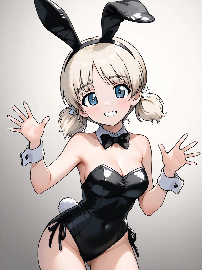 ((chibi)),solo,blonde pixie short cut,blunt bangs,happy smile,animal ears, playboy bunny, rabbit ears, fake rabbit ears, fake animal ears, strapless, strapless leotard, detached collar, bare shoulders, bowtie, bow, wrist cuffs、white simple background,fullbody