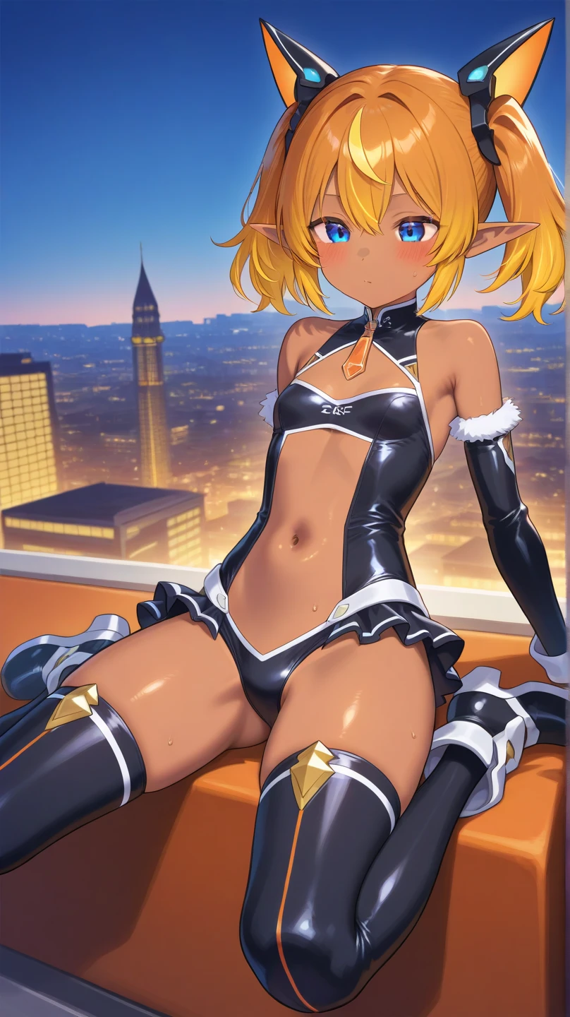 Masterpiece, Best Quality, Beautiful and detailed portrait of Kat,  blonde hair, red eyes,exterior,standing on the roof of a building overlooking the cityscape below,Long hair,dark skin,(small boobs :1.4),Leaning forward
Wear Wambraces, hair bands, Short swimsuit and scarf, Happy, thigh gap, gold trim,