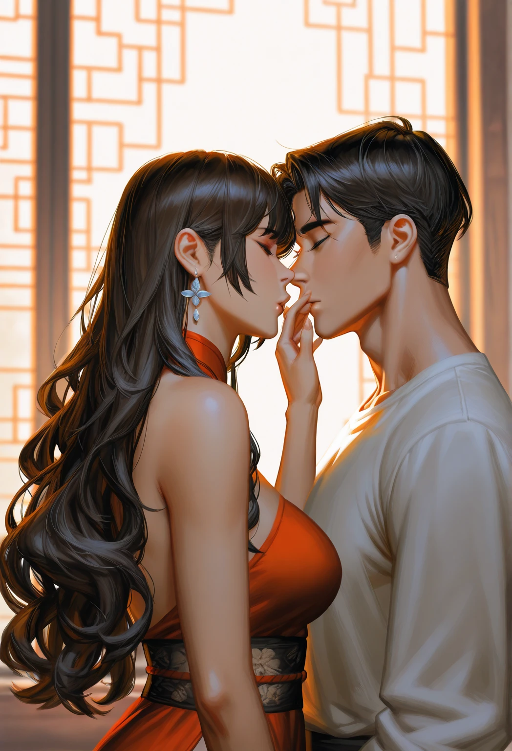 Beautiful ,sexy ,hot woman hugging with ugly fat, bald ,grumpy old man, black eyes, black hair, long hair, big breasts, long chandelier earrings ,kimono,short hair , smiling, lipstick ,