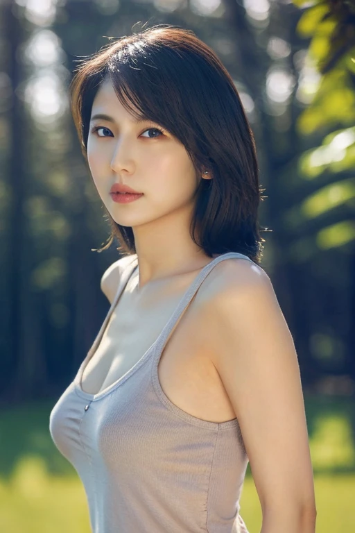 (Best quality, 8k, 32k, Masterpiece, UHD:1.2),Photo of Pretty Japanese woman,black short hair,beauty face,(leaning forward:1.3),squatting,(from above:1.2),(close up:1.4),pov,loose t-shirt,large breasts,(beautiful nipple slip:0.9),outdoors,windy,shiny skin,blurry background,