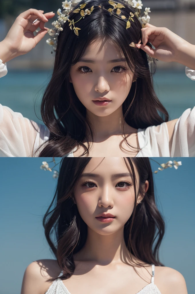 sea side、wariza、From  above、short-cut、(Colossal tits:1.3)、(​masterpiece、top-quality)、((20 year old woman:1.2))、Young adorable Japan face, dewy skin, Soft portrait shots,8K,、very extremely beautiful、(Wet body 1.3)、close up of face
