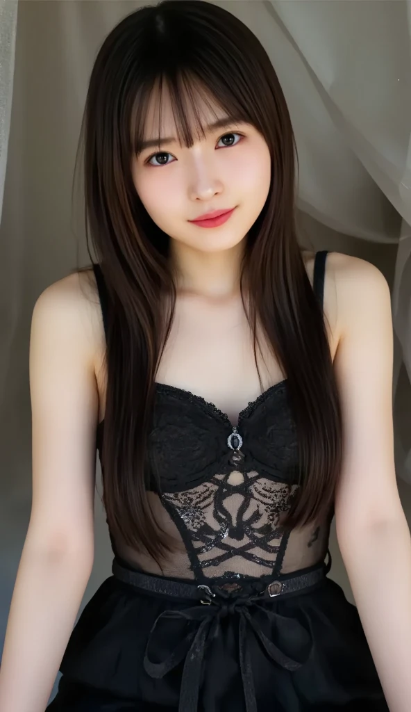 （NSFW）,masterpiece、（Black Lingerie、garter belt、 ）、（A pose that shows your butt to the viewer）、（Double eyelids、Tear bags、Long eyelashes、Big, round eyes）,bangs、Beautiful 20 year old woman、a japanese beautihul girl、kolian makeup,（black long hair）,highest quality, figure, Very detailed,Natural color lip, A shy smile