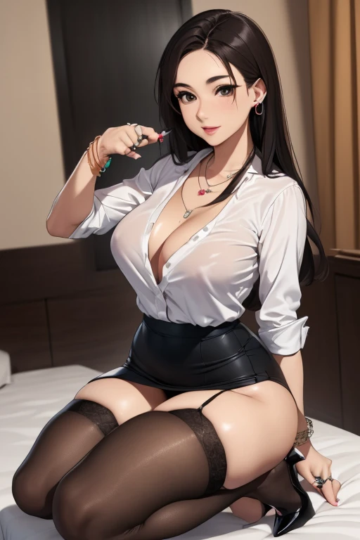 (8k,Photorealistic Raw photo highest quality;1.4) ,(perfect anatomy), (1 mature female,Mature Woman,the 50s),looking at viewer, Super Beauty (A vivid face) Muscular and macho female body (Black hair Long hair) Elite Female Head attractive Beautiful expression silver glass White blouse and black skirt,Open shirt,Cleavage,large breasts,Wide Hips,Ultra-high resolution Surreal real skin High detail A foom in the company Documents in hand、sitting open-legged in a luxurious sofa,hand on knee,(open legs),showing panty,forcus crotch
