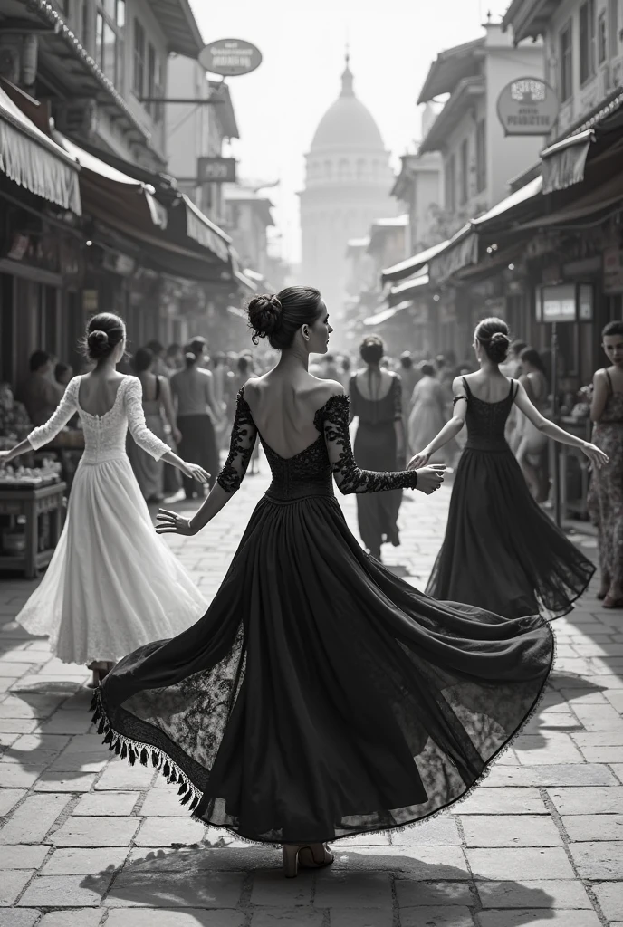 1 haute couture model dressed in exquisite Hanfu,Alexander McQueen, With his back to the camera, Standing in the bustling metropolitan shopping street. This was filmed by Andreas Gursky《vogue》Normal proportions of the whole body,真实感,Ultra-clear resolution