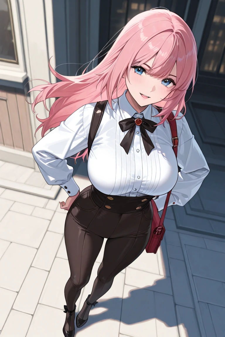 score_9, score_8_up, source_anime, rating_safe, 1girl, aru_\(blue_archive\), solo, closed mouth, blush, crossed arms, V-shaped eyebrows, standing, long hair, straight hair, pink hair, flipped hair, parted bangs, horns, orange eyes, hair over shoulder, frown, scowl, halo, glowing,head tilt, sweatdrop, black skirt, breast pocket, breasts, buckle, button gap, buttons, coat, coat on shoulders, collared shirt, double-breasted, dress shirt, emblem, , fur-trimmed coat, fur collar, fur trim, high-waist skirt, large breasts, legs together, long coat,long sleeves, miniskirt, open clothes, open coat, pencil skirt, pocket, red coat, red ribbon, ribbon, shirt, shirt tucked in, side slit, sidelocks, skirt, taut clothes, taut shirt, thick thighs, thighs, white shirt, wing collar, cowboy shot, from side, looking at viewer, indoors, offices, desks, chairs, scenery,