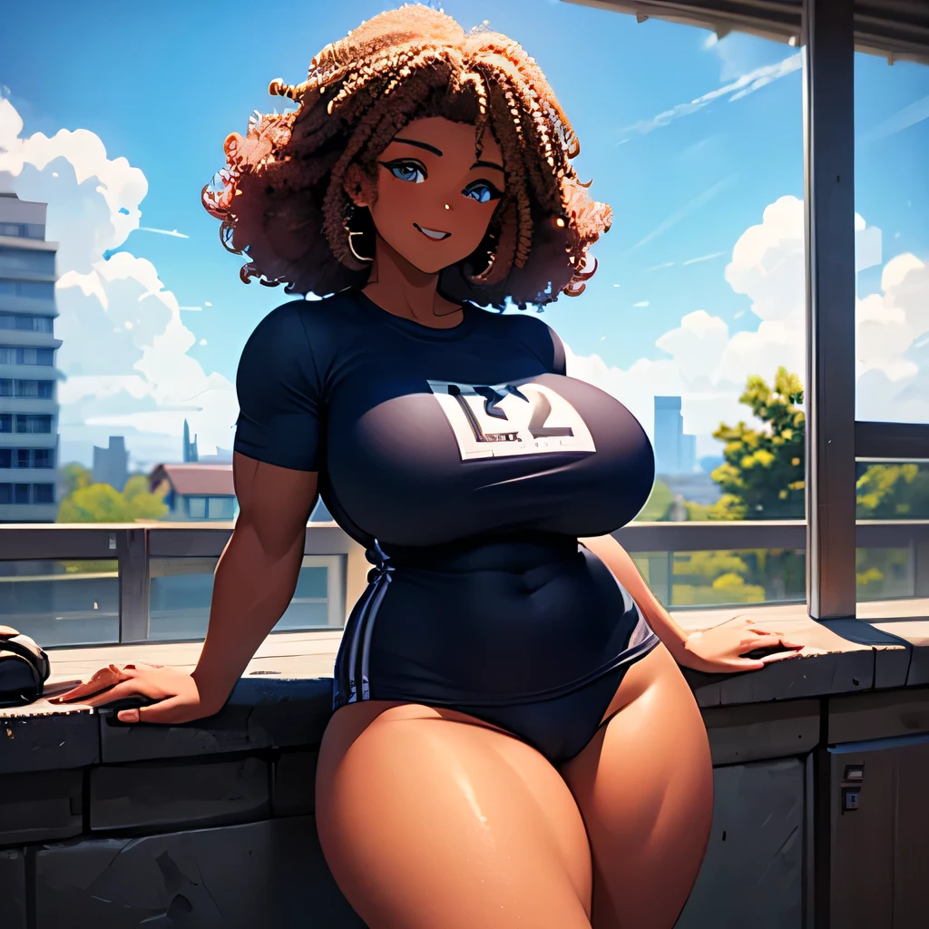 A young woman of 24. training clothes Dark skinned with couly afro hair blue eyes muscular body and strong bust size: g. Big butt and thick thighs dressed in workout clothes and looking straight ahead with love and a friendly smile and you can see her whole body