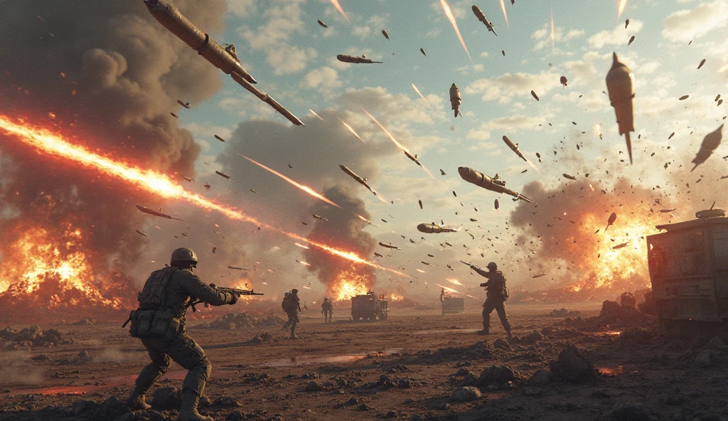 In the heart of the modern bgmi, soldiers clad in advanced combat gear navigate the dystopian landscape, their surroundings marked by the aftermath of conflict. Soldiers shooting from trenches, Many soldiers are running with their rifles. Smoke billows in the distance as high-tech weaponry and futuristic vehicles hint at the evolving nature of warfare. Many drones are dropping lots of small bombs from the sky, many explosions, lots of drones are flying in the sky, ultra realistic, 4k.