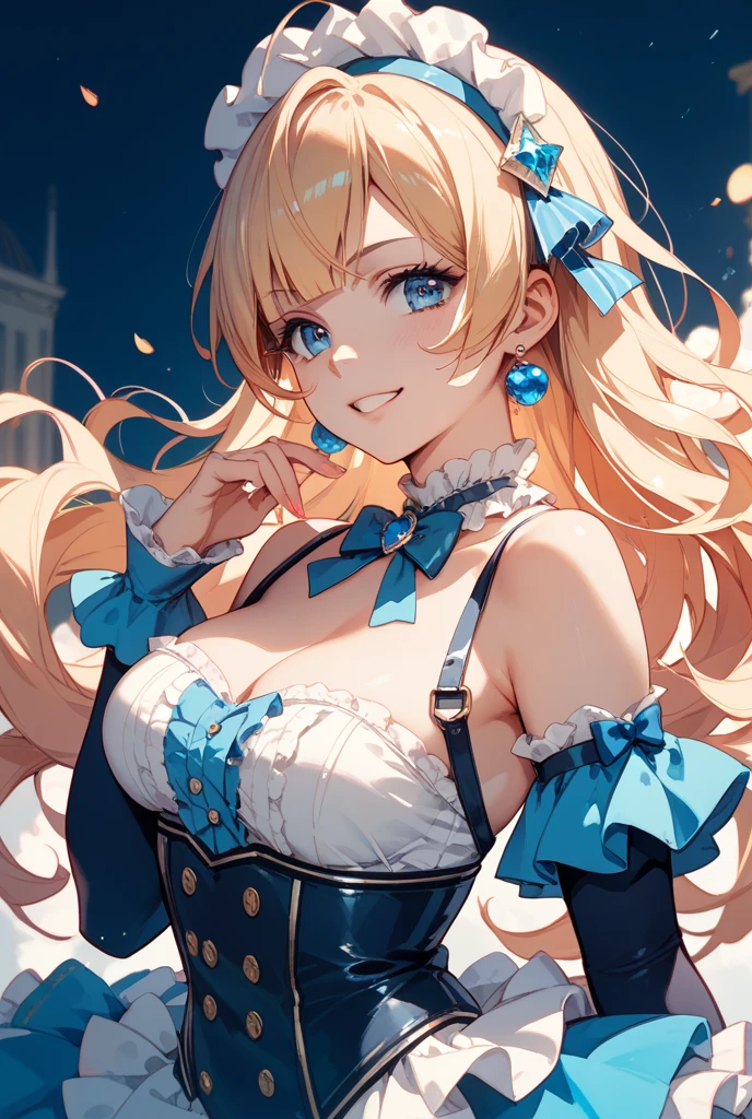 One girl, solo, Long Hair, High resolution, smile, blue eyes, Blonde, ponytail, ribbon hair accessories, Sparkle Effect, Antique furniture、null