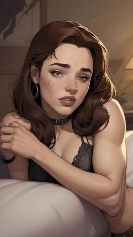 one girl tied up by another one with rope,(bright lighting,romantic setting),dreamy background,bondage,dark hair, mesmerizing gaze, , soft skin, alluring beauty, artistic portrait, high-quality image, vibrant colors, long silk gown, in the bed, mosquito net,sidesuspension,ballgag