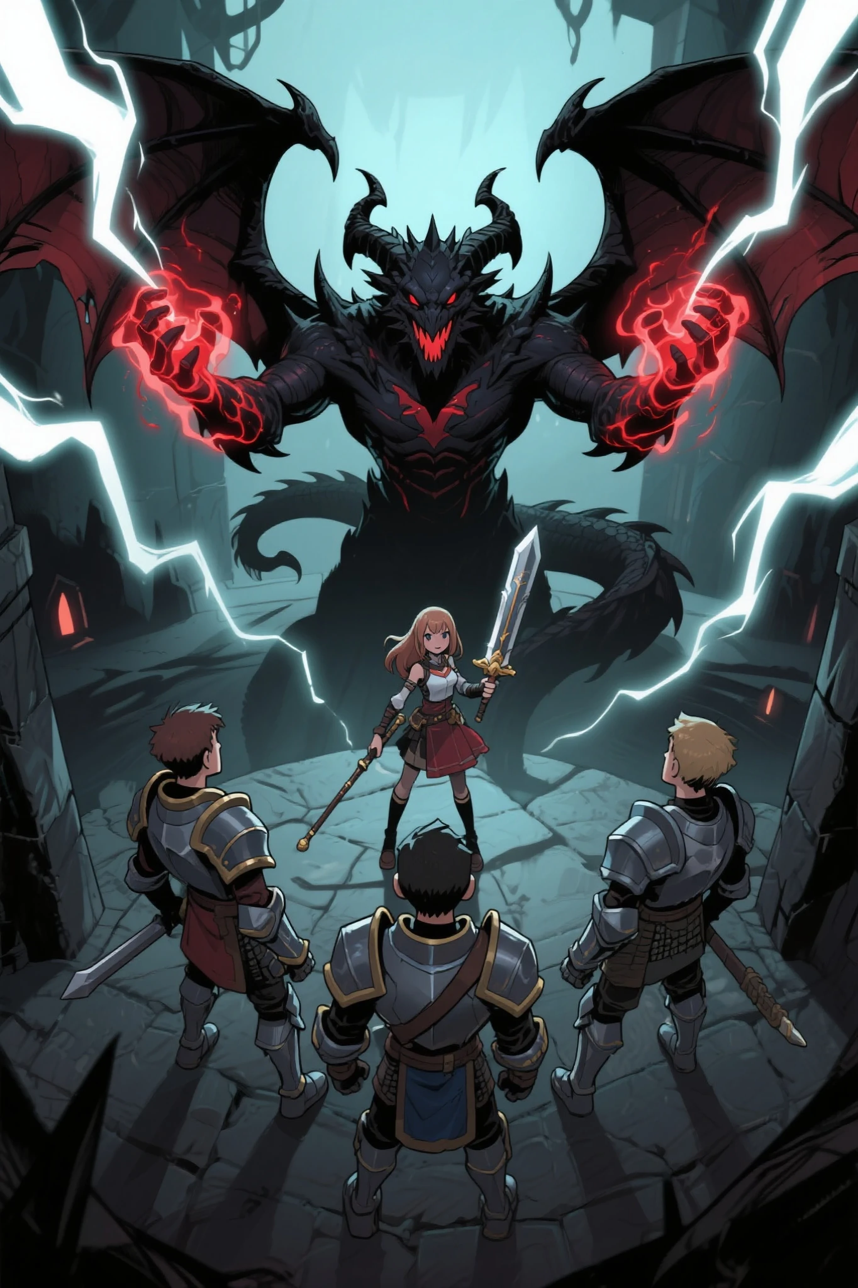 (1girl,3boy:1.4), (masterpiece, best quality:1.4),8k, ((High Detail)), absurdres, beautiful shadows, 
comic style, Dynamic Frame Split,
RPG Game Lass Boss。final form。The boss is a dark evil like a devil like a dragon々Red vibrations spill out of your hands with a nice design, The main character, Brave Party, holds a sword and cane with his back, The main character of the video is the boss, The battle between the boss and the brave party is about to begin, background is a dungeon, It's completely dark、Pale thunder、runs, upper body, POV, portrait, profile