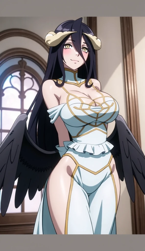 1girl,looking at viewer,dark skinned female,long hair,black hair,((green eyes)),((perfect anatomy)),thick long eyelashes,shiny hair,muscular female,thick body,wears a a dress with a high neckline and white panties,((detailed eyes)),v-shaped eyebrows,bangs,holds a sword,thunder,night,moonlight,castle,forest,scenery,