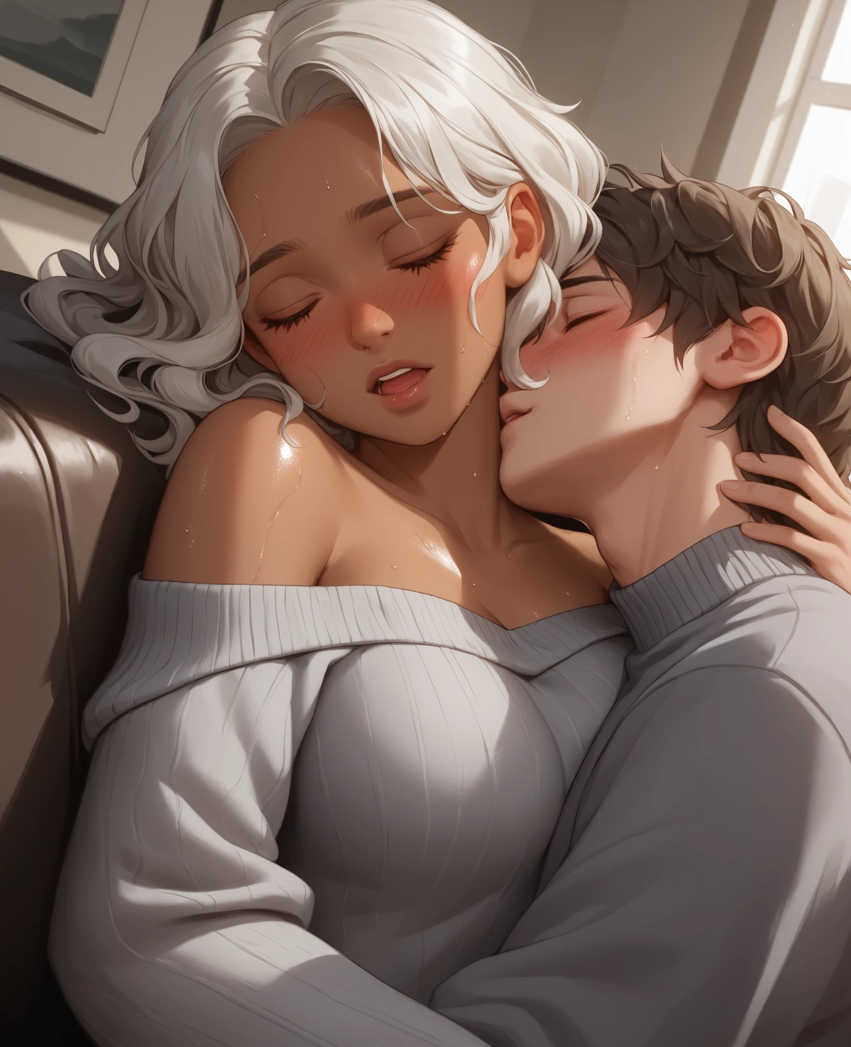 score_9, score_8_up, score_7_up, 1woman, solo, hair, closed eyes, dark-skinned female, long wavy platinum hair, lovely medium breasts, perfect body, oversized off shoulder grey sweater, exposed shoulder, sweat, female organism, open mouth, looking at viewer, head tilt, nose blush, blush, indoor, living room, day time, shiny skin, against couch, lying down , upper body, 1woman, 1boy (faceless, face on girl's face,
intense kiss, deep kiss, kiss ), hug. Dutch angle.