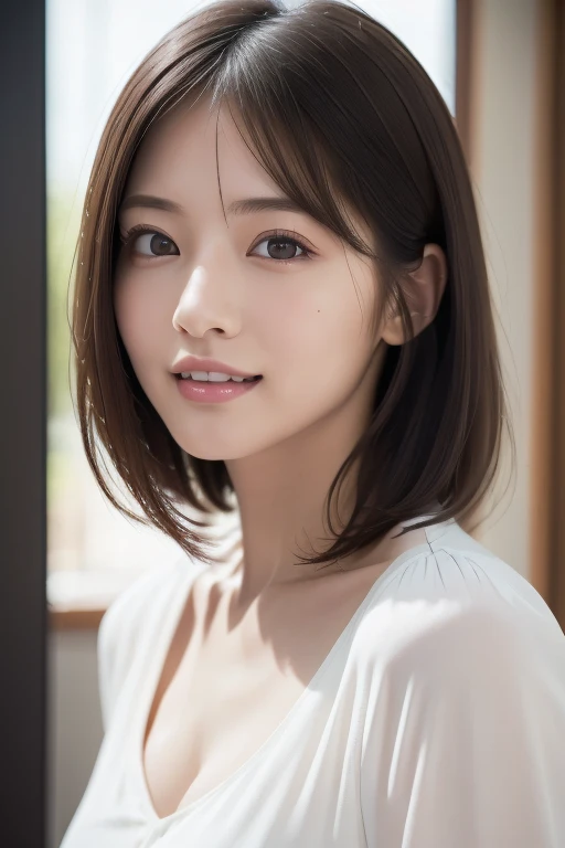 (RAW Photos), (Realistic), (masterpiece), (highest quality), High resolution, 8K resolution, (Intricate details), (Volumetric Light), Portraiture, woman,, short hair, Straight hair, Layered Hair, Brown haired, Highly detailed eyes, Source order, Very thin eyebrows, Highly detailed skin, Highly detailed mouth, Highly detailed nose, Cute like an idol, smile, ((Thick lips)), ((Look at the viewers)), (Elegant blouse)、Cleavage、Cleavage、The underwear is blue-based.、