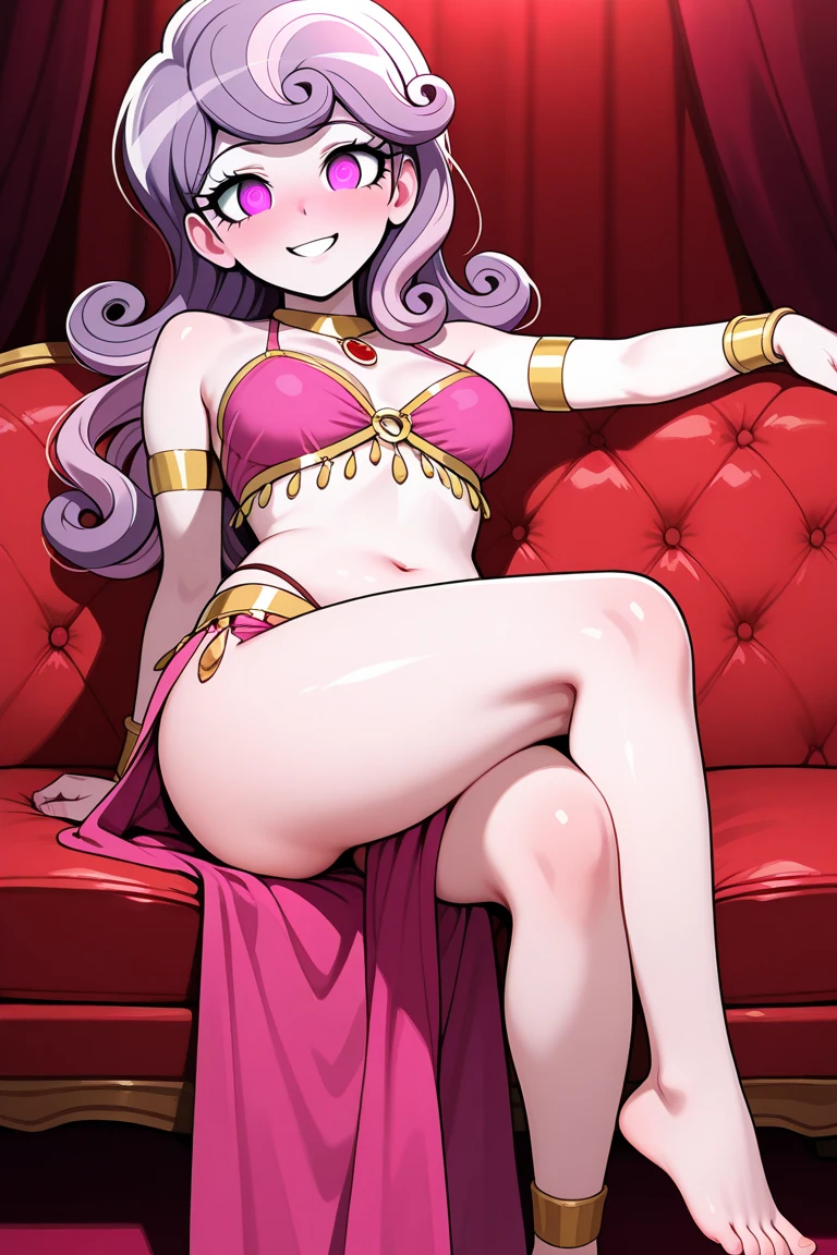 c00lw0rld, 1girl, curvy blue eyed girl with long wavy black hair and small breasts, smug, armpits, (pubic_stubble):3.0, one knee up, lewd, (extreme_nsfw), throne, (gold chain body harness):3.0, ornate tiara