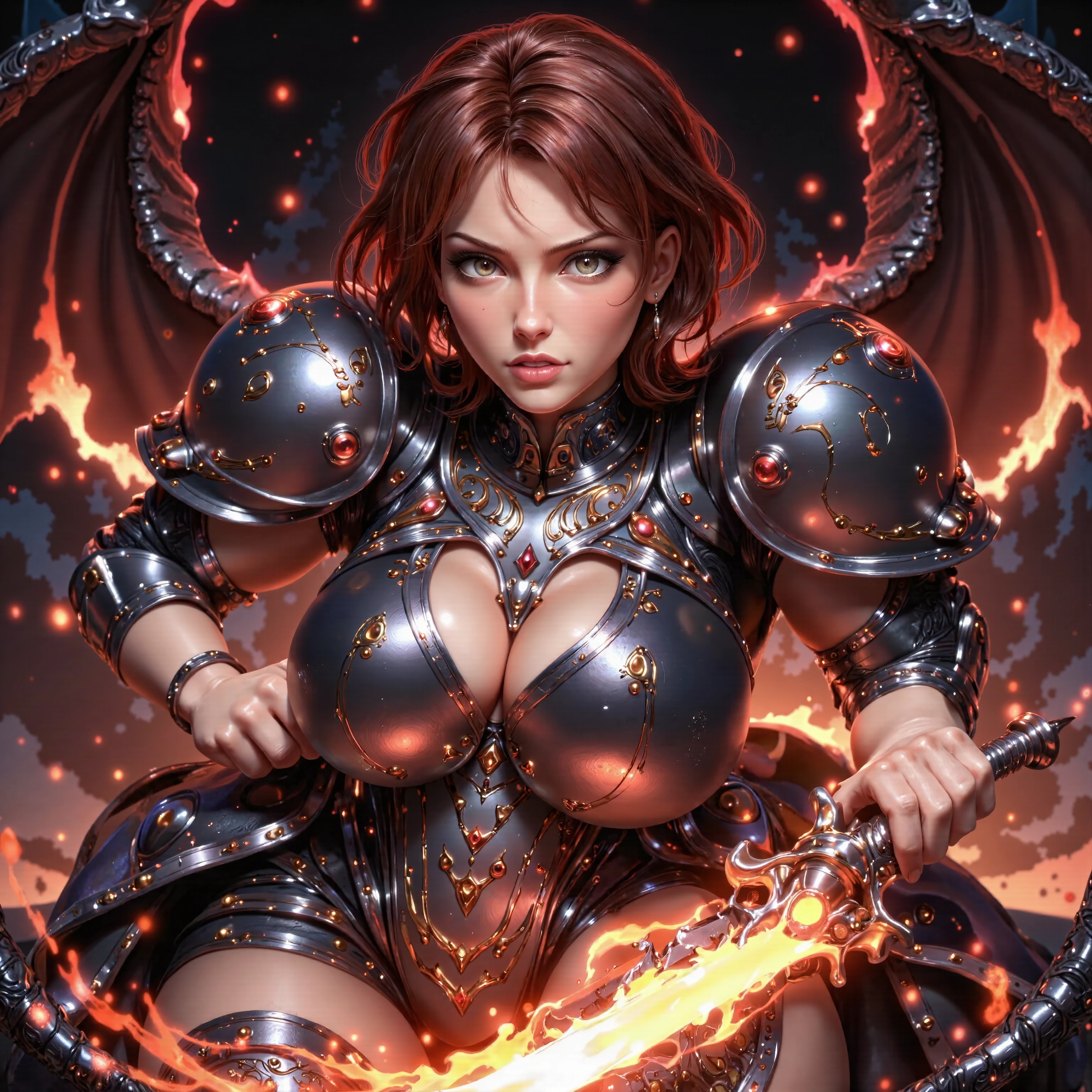portrait, Cass, (((Beautiful hair))), cabello corto, reddish brown hair, (((pretty face))), detailed map, beautiful eyes, curvy body, huge , trasero huge , wide hips. (((armadura de final boss))), final boss, Legendary Armor, legendary fire sword. challenging expression, annoyed. attack position , attacking. full body close up