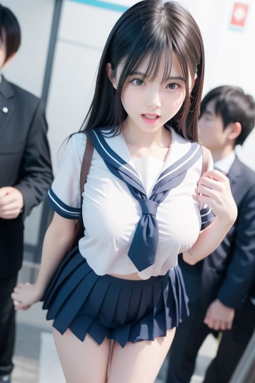(top-quality、8K、32K、masterpiece、nffsw:1.2)、(())、(Show yourself)、no-pantie、Pussal Focus、Thin hair、Photo of a cute Japanese woman、女の子 1 人、deadlock'genitals on the back of one side'Behind the Scenes、(Brown pubic area)、(Too big big breasts)、二重まぶた、a sailor suit、(student clothes)、School route、Inside a crowded train、((NSFW))、ssmile、bangss、18year old、((skirt lift by yourself)))、(Lifted by yourself)、red blush、Embarrassed look、Take your eyes off the camera、Half body shot、(Large crowds)、(Crowded trains)、Upper body is clothed