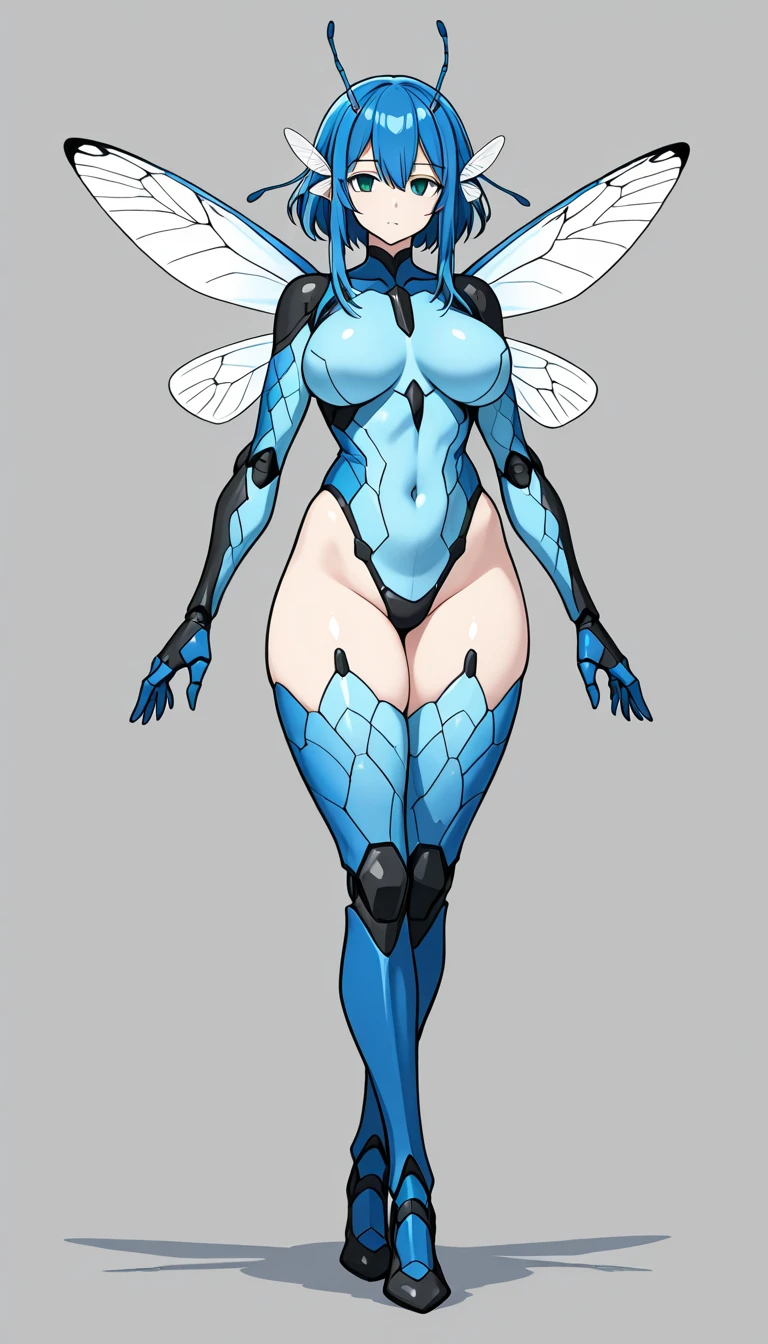 8k ((full body view:1.5)) ((seductive eyes:1.3)), defined cheekbones, 1woman, ((pointed up horns:1.7)), ((the pit style:1.4))((defined jawline:1.2)) ((sleek chrome bodysuit:1.6)) (detailed face:1.5), blue skin,(puffy lips:1.5) (blue skin:1.6), beautiful face, (bald woman:1.7), (skinhead) ((stands confident)),(Muscular:1.3), ((gigantic breasts:1.8)) ((front view:0.6)), )highly detailed, majestic, digital photography, art by artgerm and ruan jia and greg rutkowski, ((metal wings on back:1.4)), (masterpiece, sidelighting, intricate details, (((black color palette)))