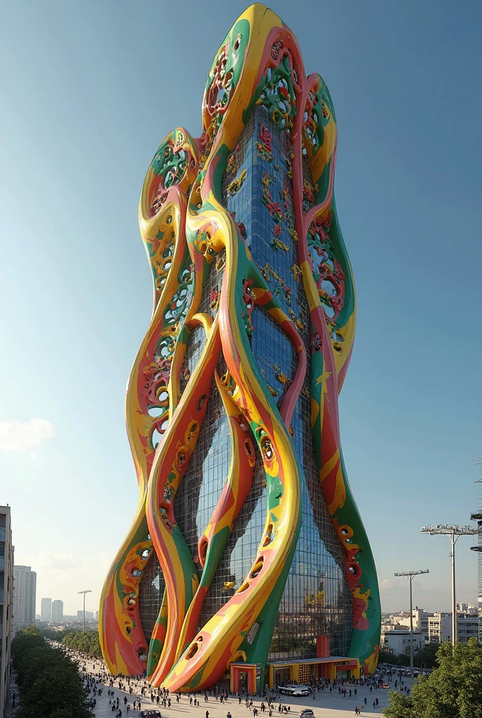 A tall pink building with an Asian dragon on top, designed in the style of Joseph De arist disgancers and Kengo Kuma, overlooking the city of Chiangmen in Thailand. architectural photography, realistic, detailed, art installation, contemporary architecture, urban environment, architectural masterpiece, cityscape, by David Chipperfield and Tim Walker