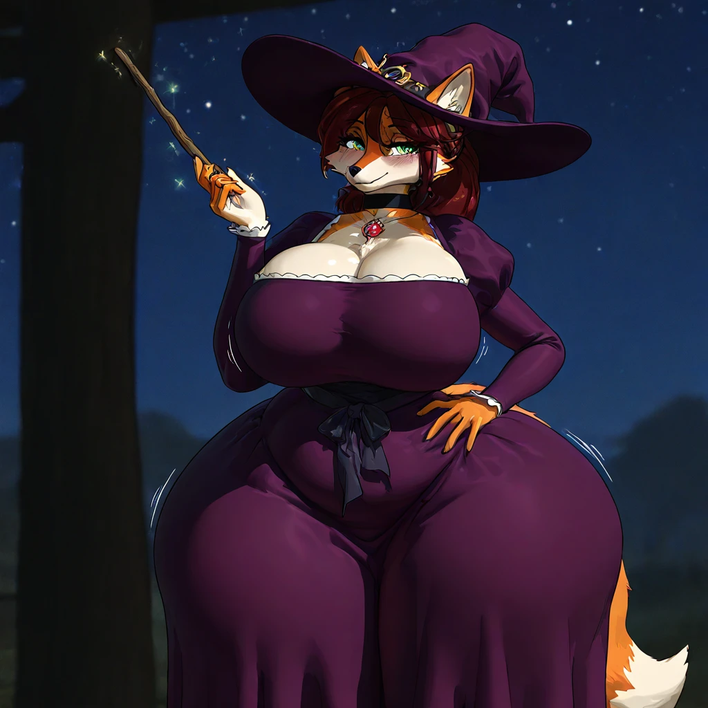 uploaded on e621, explicit content, (katahane3, naika, ruka, chobonolly, mmbct01), female, solo, pokemon, zoroark, fox, black fur, black body, smile, big large breasts, natural breasts, witch outfit, purple clothing, purple hat, purple cleavage, long purple robe, purple underwear, witch hat, thick thighs, wide hips, magic user, witch clothing, post-apocalypse, crumbling medieval city on background, late night, moon, dark alleyway, looking at the viewer, seductive, perfect_face, close-up, portrait, (masterpiece), best quality, highres, 4k, 8k, Detailed Illustration, intricate detail, cinematic lighting, amazing quality, amazing shading, soft lighting,