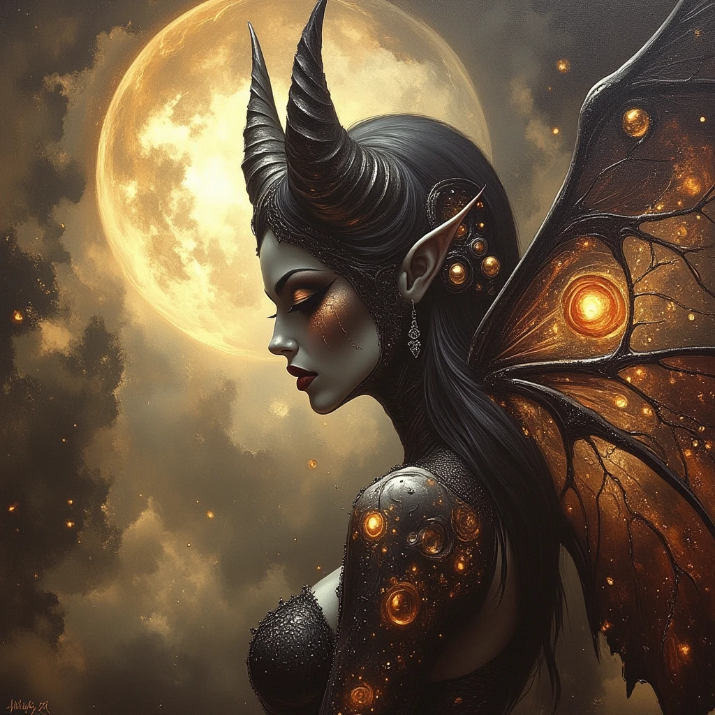 A little earrings, choker devil girl, beautiful detailed eyes, beautiful detailed lips, extremely detailed face and features, long eyelashes, porcelain skin, figure, horns, devilish expression, mischievous smile, black and red dress, lace trim, torn fishnets, detailed textures, dark fantasy, dramatic lighting, cinematic, moody colors, deep shadows, brooding atmosphere, detailed face, beautiful eyes, soft skin, intimate connection, relaxation, sensual, (best quality,4k,8k,highres,masterpiece:1.2),ultra-detailed,(realistic,photorealistic,photo-realistic:1.37),studio lighting,HDR,UHD,extreme detail description,vivid colors,warm lighting