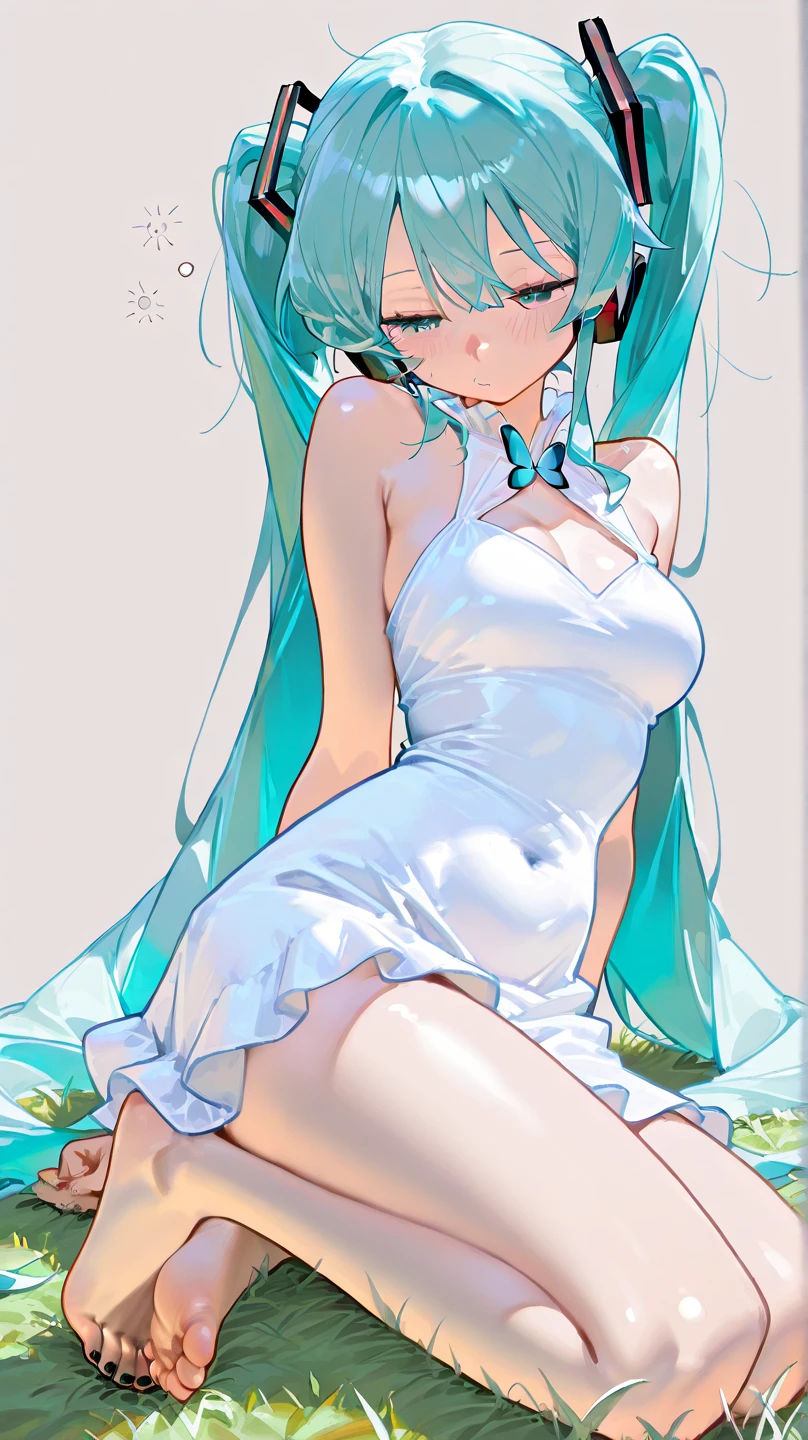 Hatsune Miku spreads her legs and lies down, wearing a soaking white bikini with very little coverage of her breasts, completely exposed, and small breasts on a grassland with flowers