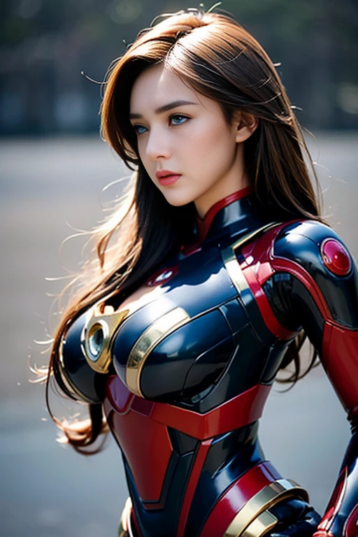 It was medieval, facing me, a woman of about 25 years old, with long hair and a necklace around her neck, large rounded breasts, iron man-style armor, blue armor, gold-trimmed armor, belly out, body posture, upright, standing