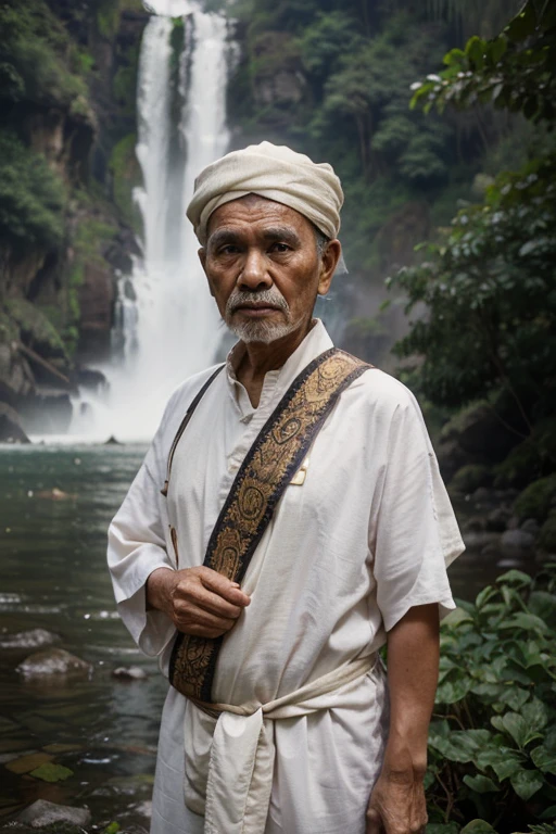 Photorealism 1.4 realistic realism high detailed definition  Malaysia native aboriginal orang asli old man curly messy hair  crossing river river stream dark skin weaver backpack smile faces jungle big river shirtless accessories on hair leaf wearing  short hold stick   river stream  water level at waist
