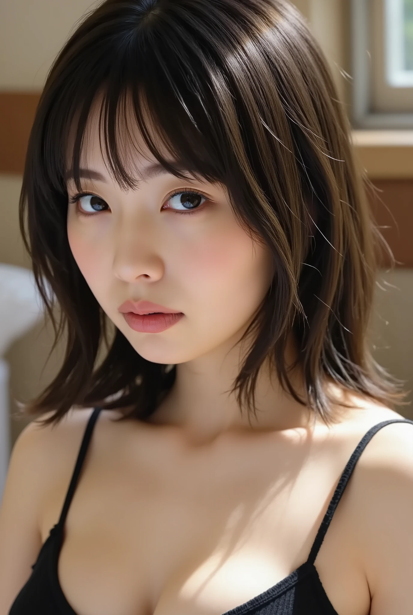 (( Highest Quality, 8K )), ((masterpiece)), ( details), Japanese, two-tone swimsuit ,1 girl on break day, Voluptuous women , sexy,( in the bedroom),((( abnormally large breasts , completely naked, beautiful breasts, short bob hair))), black hair , (( without makeup, small eyes))