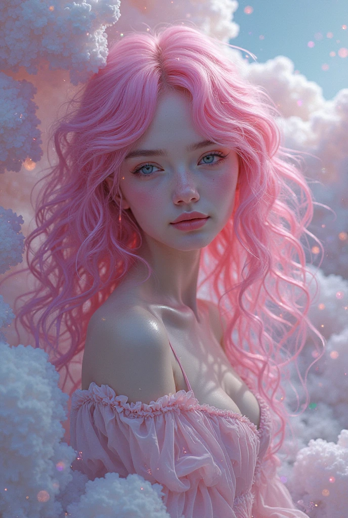 Create an illustration using the soft and ethereal qualities of watercolor. Beautiful pink skin anime model full body, sun-bathing on floating cloud along the suns surface, enticing eyes, curly hair dreamy, background thick clouds,, hyperdetailed, detailed, (masterpiece) . high fashion, luxurious, extravagant, stylish, sensual, opulent, elegance, stunning beauty, professional, high contrast, detailed,  Depict a dreamy, whimsical scene with elements that seem to merge with the background