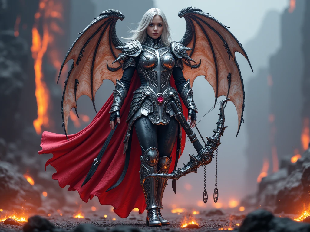 (medium full shot) of (fatal demon) young woman, swedish, blue eyes, fair skin, pale skin, glowing white eyes, willowy, short blonde french twist hair, wearing Silver-plated demon armor adorned with intricate engravings, a corset-style top, armored skirt, knee-high boots, twisted crown of bones, leathery red wings edged with ethereal flames, wielding a serrated hell axe, set in Lakeside Platform, Jagged rocks encircle a bubbling lake of molten lava, wisps of smoke rising from the fiery surface, the air heavy with the scent of sulfur , at sunset, surprised, open mouth, pointing her finger at the viewer, Masterpiece,best quality, photorealistic, amazing quality, very aesthetic, extremely detailed face,