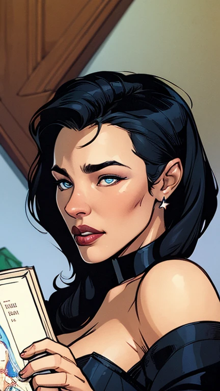 ung girl, 1, messy black hair, sky blue eyes, freckles, thin lips, round face, wearing a thin tank top with a low neckline (large breasts), wide hips, wearing a black embroidered thong, sitting on the toilet, thoughtfully facing the viewer, small bathroom scene